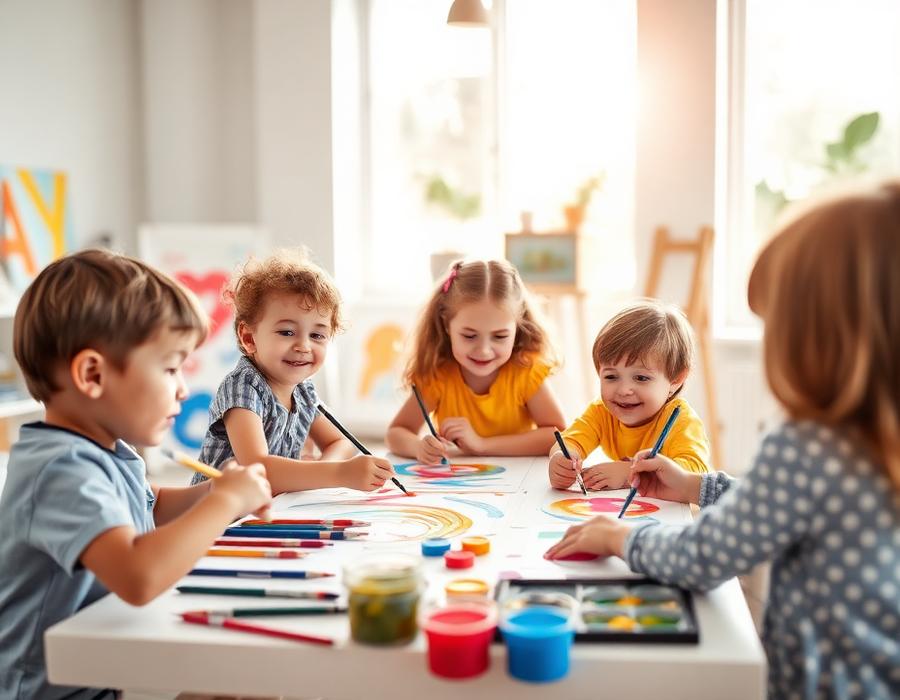 Kids painting colorful artwork in creative art class
