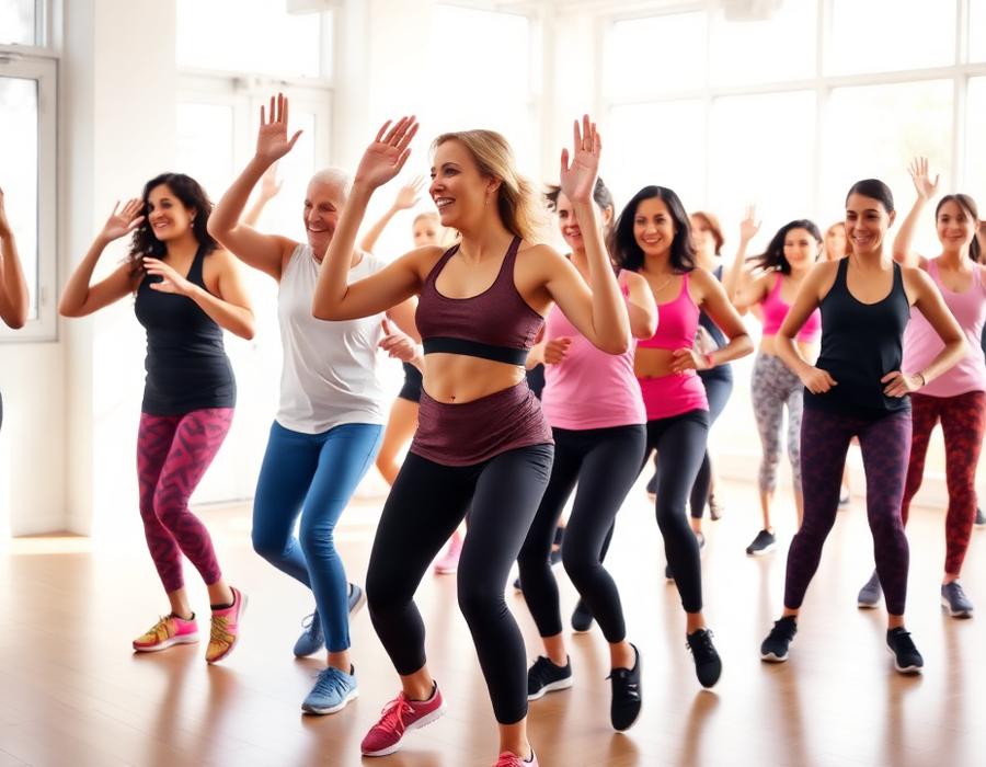 Energetic Zumba dance fitness class in a bright studio